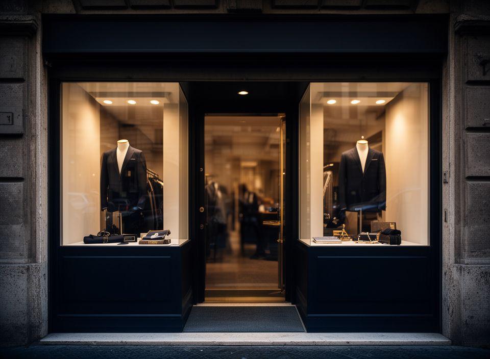 Ingresso dell'atelier con vetrina elegante e dettagli sartoriali a Roma