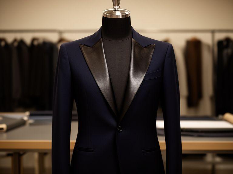Blazer da cerimonia blu navy su manichino in atelier con rever lucidi e finitura sartoriale raffinata