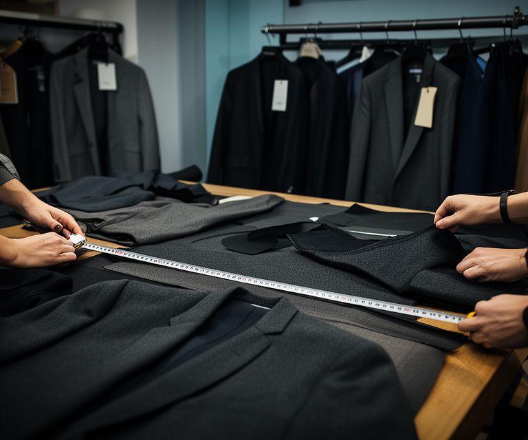 Squadra dell'atelier in laboratorio con tessuti scuri, metro da sarta e blazer appesi ordinatamente