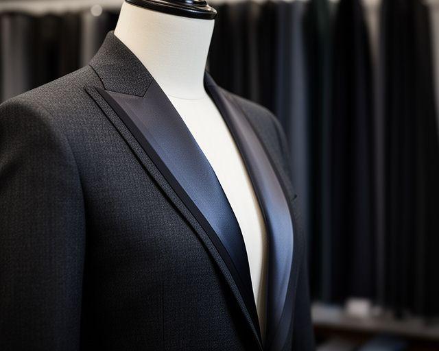 Blazer da cerimonia con revers eleganti su manichino in atelier, accanto a campioni di tessuto scuro