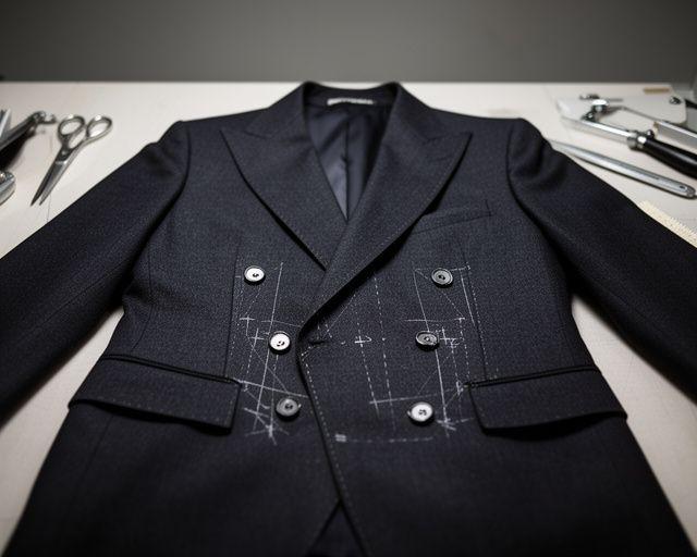 Blazer double-breasted con doppi bottoni esposto su tavolo da taglio, con gessatura discreta e rifiniture sartoriali