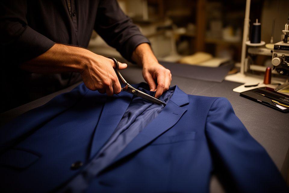 Sarto romano al lavoro su un blazer blu in atelier, con tessuto aperto sul banco e luce calda sulle forbici