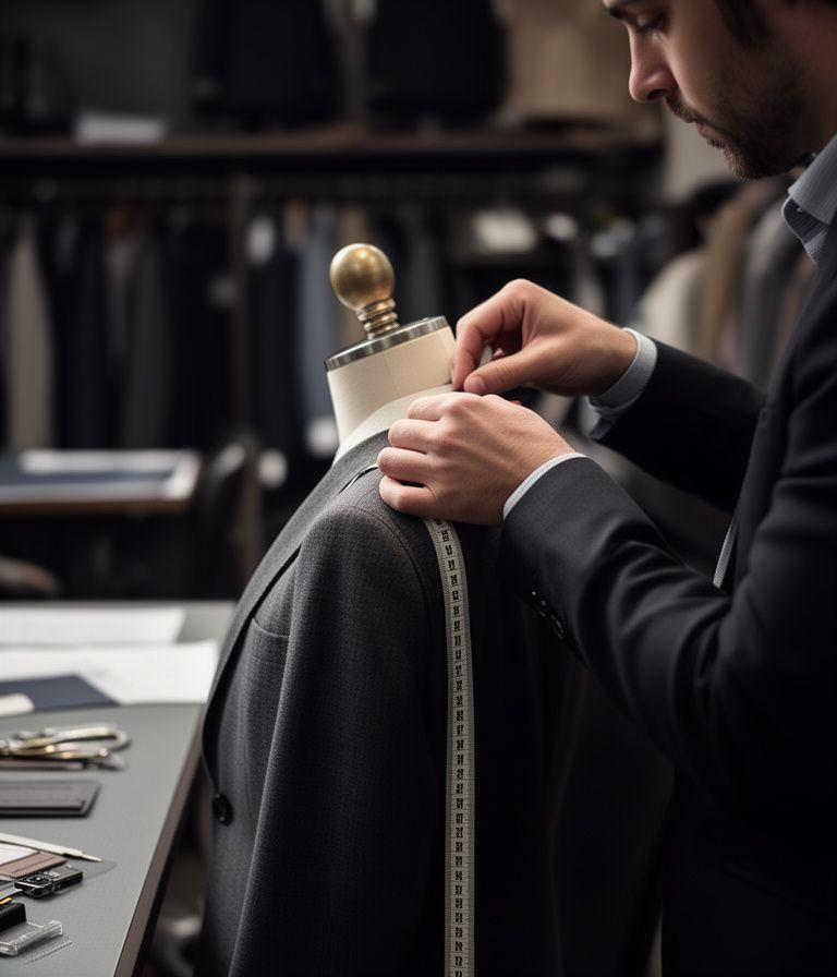 Sarto che misura le spalle di un blazer in atelier romano con metro da sarto e luce soffusa