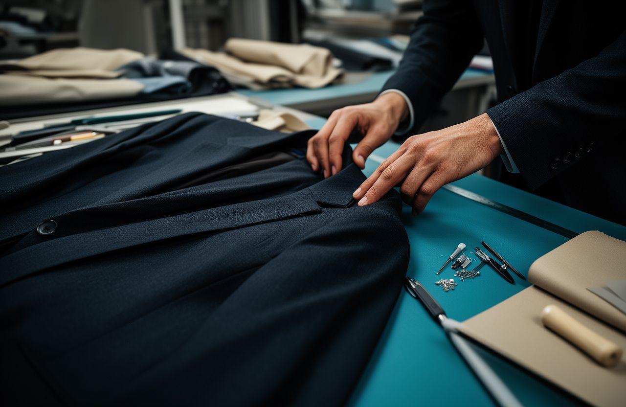 Sarto all'opera su un blazer scuro in atelier con spilli, gesso e tessuti ordinati sul tavolo