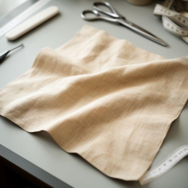 Tessuto in lino beige chiaro piegato in atelier con luce naturale e forbici da sarto vicine