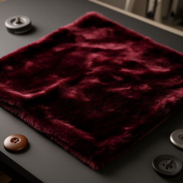 Velluto color bordeaux scuro disteso su tavolo da sartoria con campioni di bottoni e righello metallico